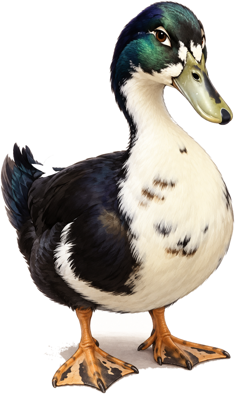 Biskit, a black and white duck with an iridescent green head
